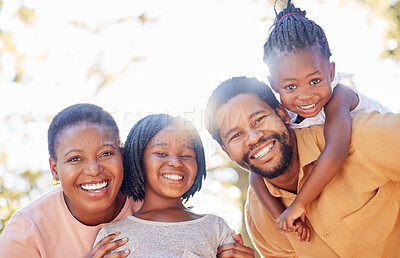 Buy stock photo Black family, love and happy portrait in nature with parents bonding outside with cute children. Happy african american mother and father enjoying outdoor fun time together with young kids.