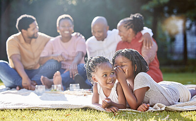 Buy stock photo Secret, sister and children with a girl whispering to her sibling and a black family in the background. Kids, mystery and gossip with a female child being secretive on a picnic in the park in summer