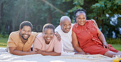 Buy stock photo Family picnic, park portrait and happy parents with children in summer, happiness in nature garden together and smile for relax in spring. Black woman and black man with young people in countryside