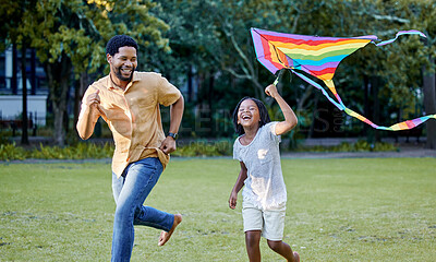 Buy stock photo Happy girl and father playing a kite while learning or running in a park, garden or lawn outdoor. Black family bonding, fun and happiness while laugh, smile and joy together with cute and daughter