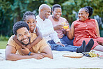 Black family, picnic and father bonding with girl in nature park and public garden. Portrait of smile, happy or fun man with small child, grandparents and seniors in reunion for health food and drink