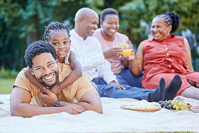 Buy stock photo Black family, picnic and father bonding with girl in nature park and public garden. Portrait of smile, happy or fun man with small child, grandparents and seniors in reunion for health food and drink