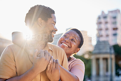 Buy stock photo Sun, flare and love for couple happy on outdoor romantic date to bond, relax and enjoy fun time together. Black woman and man with peace, hug and freedom while travel in Rome for holiday adventure