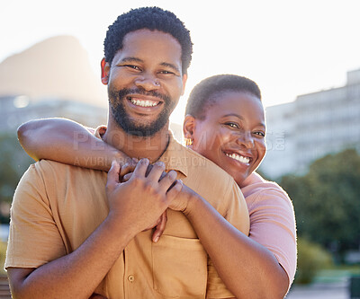 Buy stock photo Portrait, happy and couple smile with hug while in the city on a date in summer. African american man and woman bonding together with joy, love and happiness in a healthy relationship or marriage