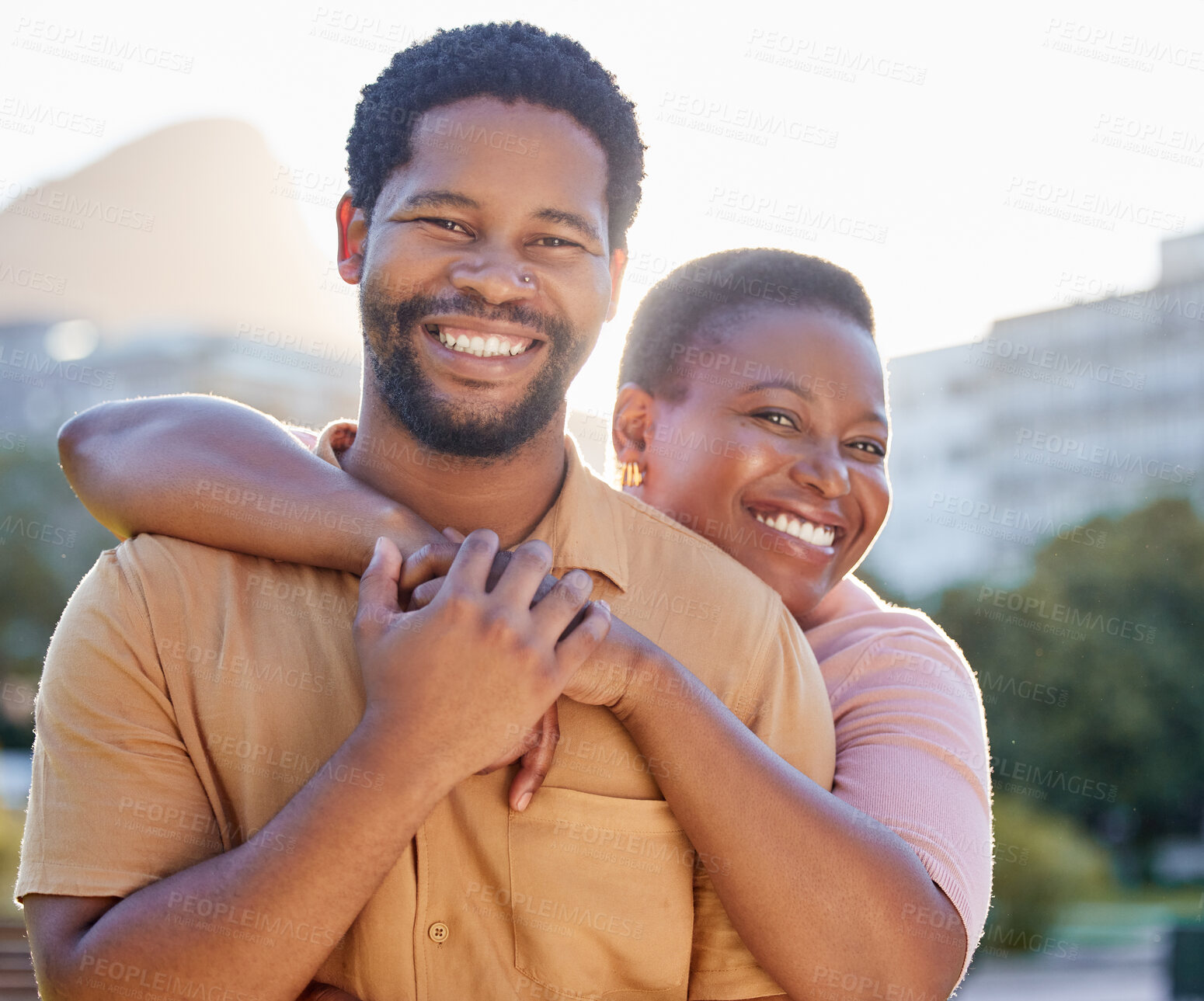Buy stock photo Portrait, happy and couple smile with hug while in the city on a date in summer. African american man and woman bonding together with joy, love and happiness in a healthy relationship or marriage