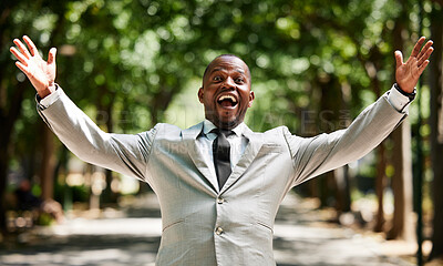 Buy stock photo Excited businessman with success, winning and celebration portrait for bonus, achievement and career goal. Black man entrepreneur, corporate worker or professional winner celebrate sale and profit
