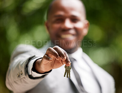 Buy stock photo Real estate agent keys, man portrait and new house property for sale, lease and rent on home loan, building mortgage and sales finance. Zoom hands of realtor, broker and homeowner moving deal outdoor