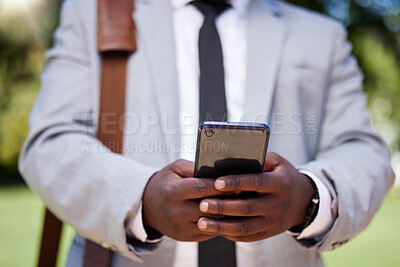 Buy stock photo African accountant businessman hands with phone on social media or reading news on corporate finance and success strategy. Black management employee of digital technology and network mobile company