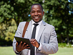 Black man, tablet schedule or business travel in park, nature garden or community environment in morning to work. Portrait, smile or happy worker or interview employee with 5g communication technoloy