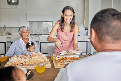 Buy stock photo Home, happy and family brunch with food, bread and drinks for meal, feast or buffet. Women, grandma and kids at family home reunion for relax, bonding and quality time with mom, baby and children