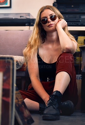 Buy stock photo Punk woman, grunge fashion and rock hipster, retro model and confident female with glasses on floor. Portrait of young gen z, cool girl and attitude in creative style, urban fashion and trendy youth