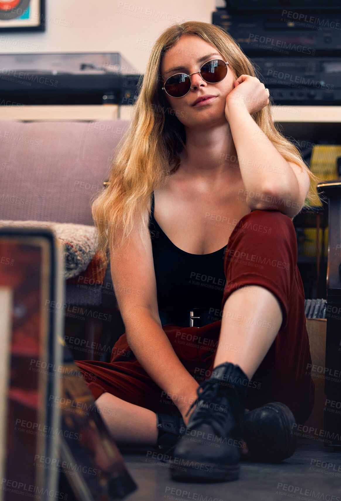 Buy stock photo Punk woman, grunge fashion and rock hipster, retro model and confident female with glasses on floor. Portrait of young gen z, cool girl and attitude in creative style, urban fashion and trendy youth