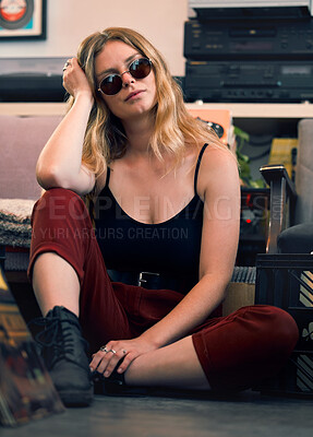 Buy stock photo Grunge fashion, punk woman and rock hipster, retro model and confident female with glasses on floor. Portrait of young gen z, cool girl and attitude in creative style, urban fashion and trendy youth