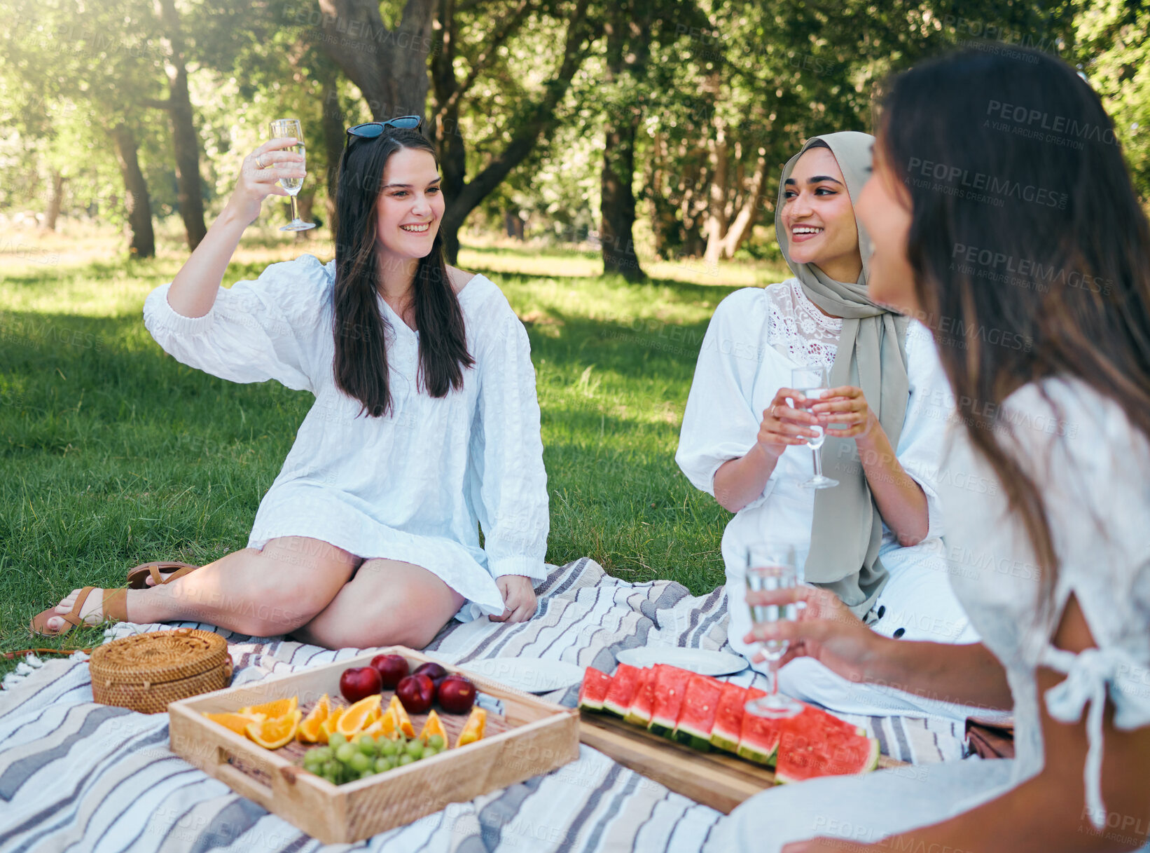 Buy stock photo Picnic, champagne and women toast in a park outdoors in summer, Food, drink and a happy group of friends in nature on the weekend. Diversity, friendship and a party on the grass, relax in summer time