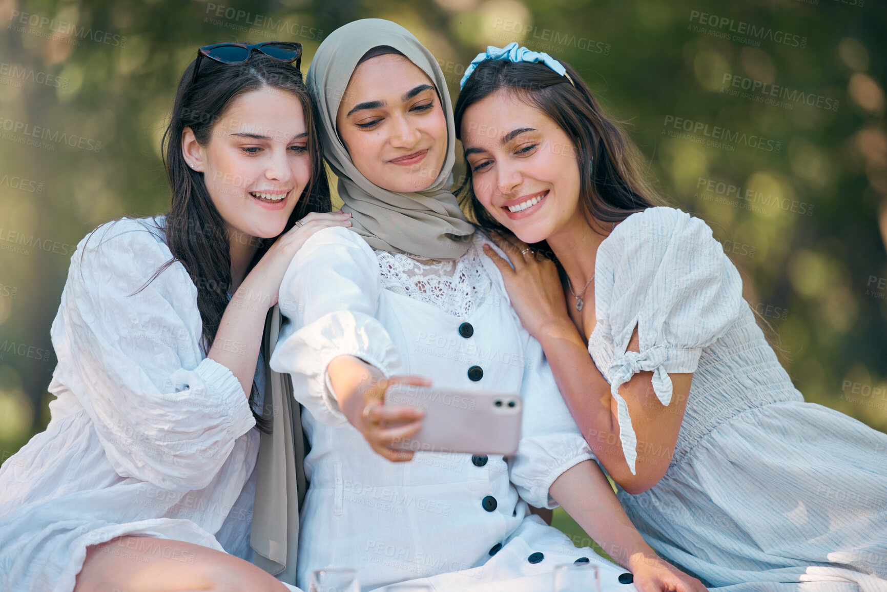 Buy stock photo Diversity group of women, friends and selfie in park, garden and outdoor picnic together. Happy, smile and multicultural woman community taking phone photos for social media, fun and summer lifestyle