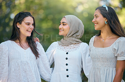 Buy stock photo Diversity, friends and happy with women smile for support, trust and community together. Multicultural, freedom and happiness with young females standing in countryside for fashion, muslim and youth