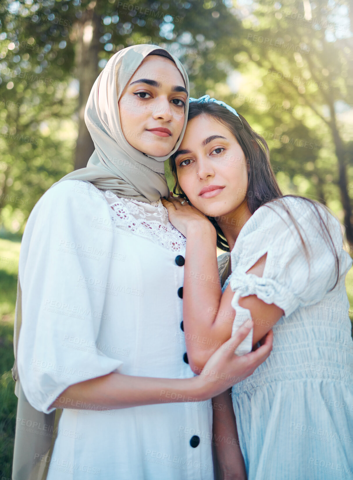 Buy stock photo Muslim woman, friends and trust while standing outside in a park and nature with support, love and a good relationship. Portrait middle eastern arab women beautiful in modest Islam fashion with hijab