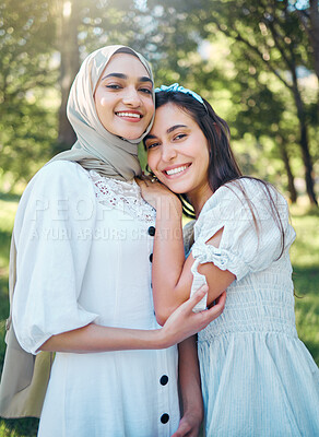 Buy stock photo Women happy in garden, forest park with trees and outdoor garden picnic in multicultural summer fashion. Portrait of female friends together, muslim girl in islamic hijab scarf smile and hug friend