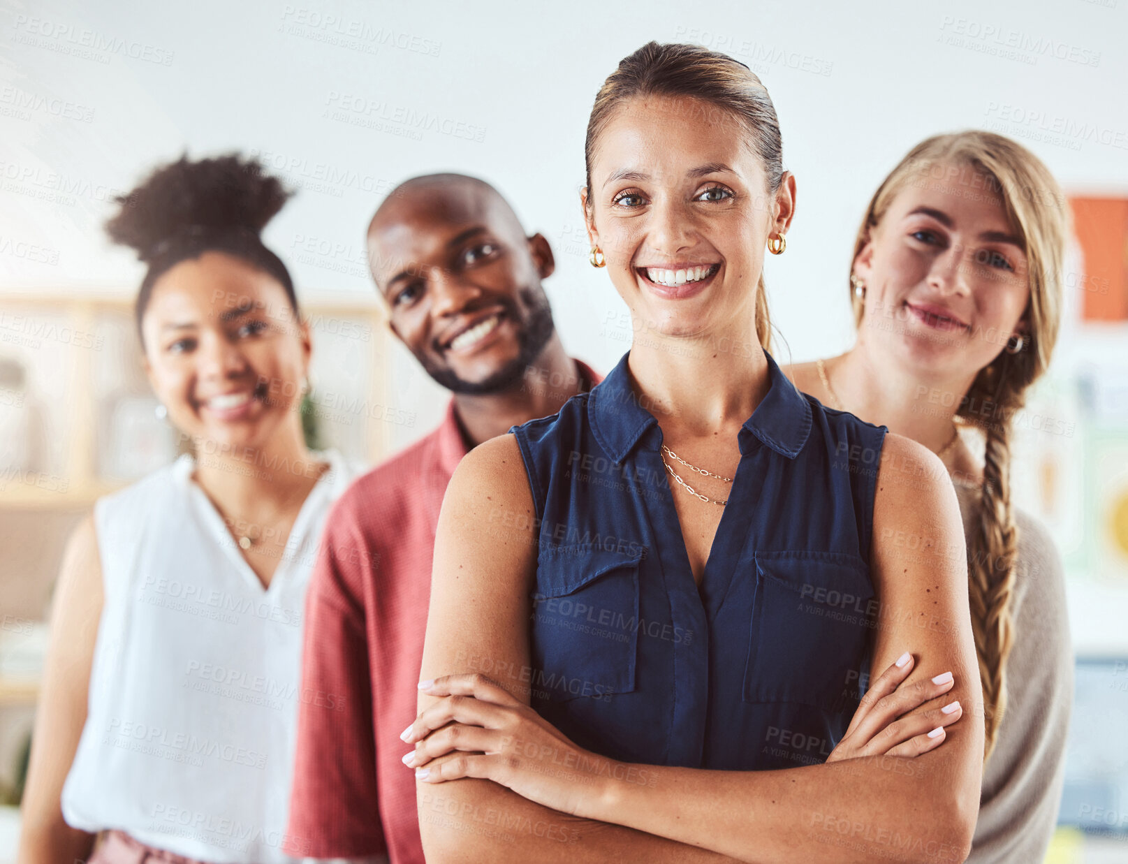 Buy stock photo Partnership, collaboration and proud woman leader working with diverse team in corporate office. Boss, motivation and strategy discussion in a meeting with happy partner standing in support of goal