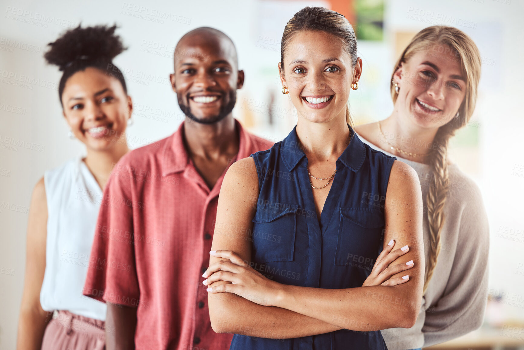 Buy stock photo Woman leadership, business teamwork and global startup with motivation, vision and innovation in office. Portrait, smile and happy diversity women and black man in creative office for collaboration