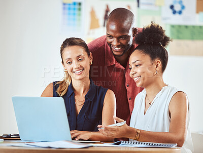 Buy stock photo Teamwork, planning and digital marketing strategy in a meeting with laptop in startup office with diversity while discussing online data. Creative team, collaboration and support while sharing ideas