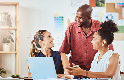 Buy stock photo Creative business team planning in a meeting with laptop in modern startup office while discuss a strategy. Teamwork, collaboration and support in a corporate marketing or advertising company