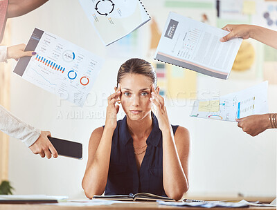 Buy stock photo Work, stress burnout and anxiety headache of a business woman overwhelmed with work documents. Tax paperwork, audit information and multitask project of a working woman suffering with mental health