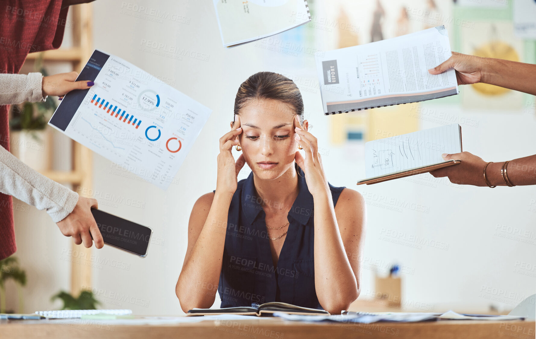 Buy stock photo Stress, headache and burnout with business woman feeling overwhelmed by a busy schedule and deadline in an office. Corporate employee suffering anxiety and mental breakdown from workload and tasks