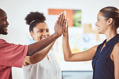 Buy stock photo Community, teamwork and high five by employee support a goal or vision, happy and smile during team building. Collaboration, idea and partnership by diverse colleagues having fun and show commitment