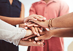 Hands, support and motivation of diversity of friends showing a helping hand and community. People in a group circle with trust, friendship love and hope to show solidarity together for good teamwork