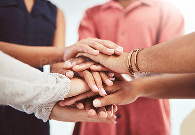 Buy stock photo Hands, support and motivation of diversity of friends showing a helping hand and community. People in a group circle with trust, friendship love and hope to show solidarity together for good teamwork