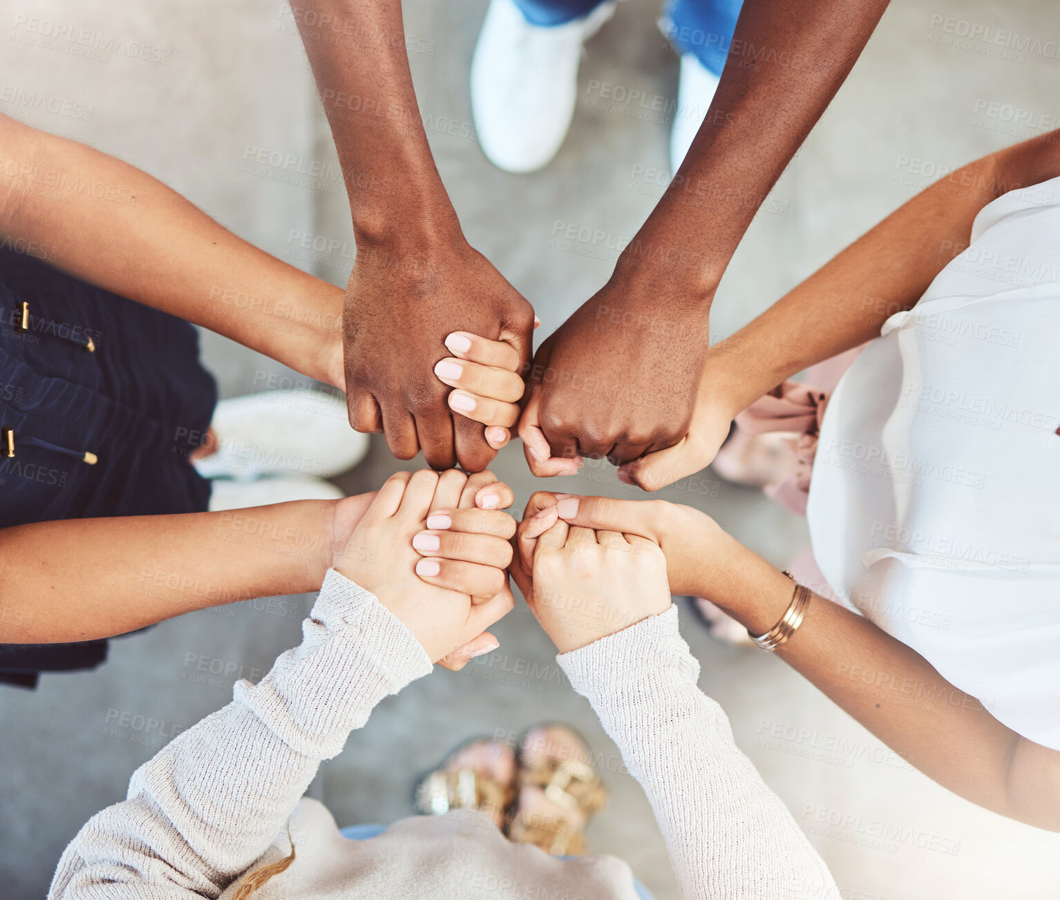 Buy stock photo Holding hands, faith and prayer support group of people or friends with hope, religion and trust or respect. Together, helping and love community with commitment, solidarity and teamwork from above