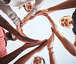 Diversity, teamwork and hands united in solidarity of employee workers together in collaboration at work. Diverse group of people hand in circle unity for agreement, help and team for community