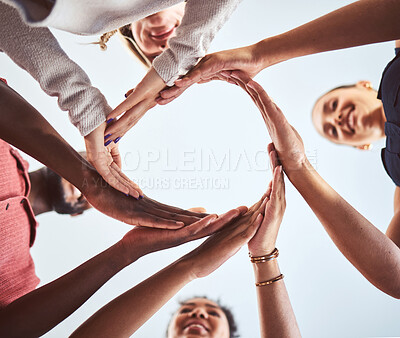 Buy stock photo Diversity, teamwork and hands in circle synergy of employee workers together in collaboration and solidarity. Diverse group of people hand in unity for agreement, help and team for community support