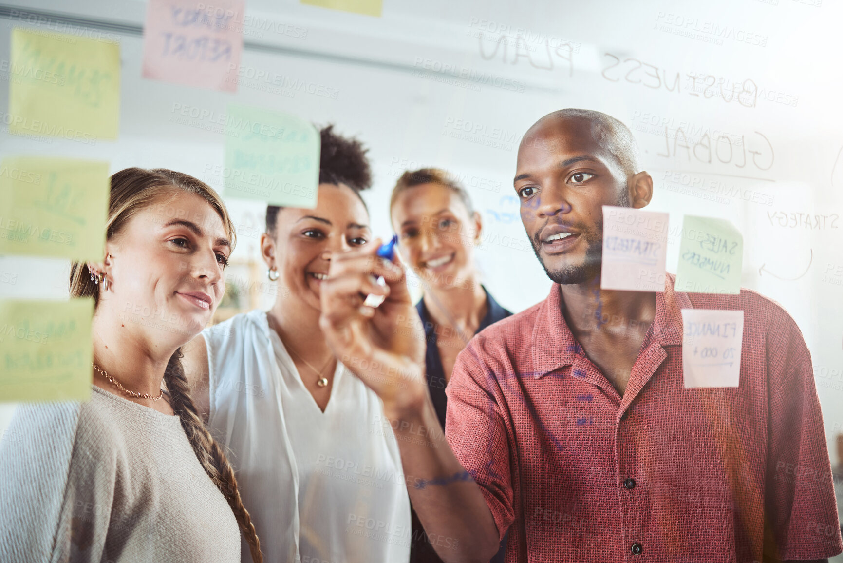 Buy stock photo Business people planning, writing on glass board and brainstorming together for creative marketing idea, strategy or project. Teamwork, collaboration and manager in job management or work development