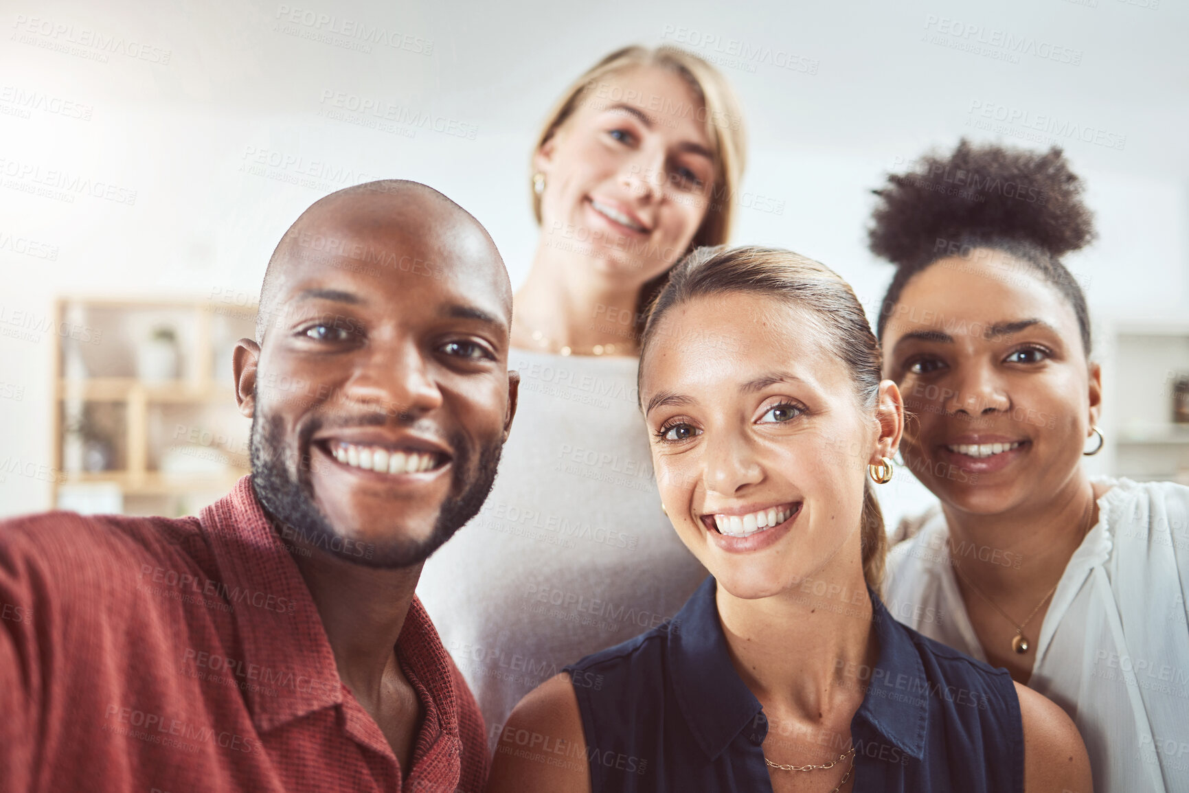 Buy stock photo Friends, selfie and office worker smile and relax while bonding and posing for a picture at work, Multicultural, face and photo by fun colleagues enjoying free time after team meeting together