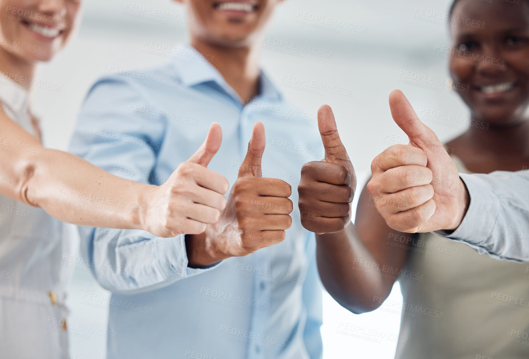 Buy stock photo Corporate thumbs up and teamwork with success hands for  business workforce development and motivation. Agreement, partnership and winning achievement together in professional work team.