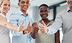 Thumbs up, business people or global success in teamwork, collaboration and employee support. Smile portrait of happy men, women and diversity hands with thank you, vote emoji and motivation for goal