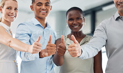 Buy stock photo Thumbs up, business people or global success in teamwork, collaboration and employee support. Smile portrait of happy men, women and diversity hands with thank you, vote emoji and motivation for goal
