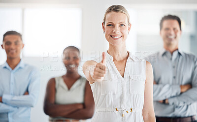 Buy stock photo Teamwork, diversity and thumbs up from woman and team in office. Success, support and confidence for businessmen and women at startup business. Leadership, motivation and a winner marketing company.