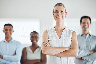 Buy stock photo Team growth, proud business woman leadership with a smile in a office with staff. Portrait of a corporate company ceo and manager happy about teamwork, work management and staff leadership success