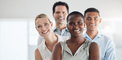 Buy stock photo Black woman, leader and business community diversity of happy employee office group. Portrait of company people and work manager smile ready to start a teamwork, corporate and working collaboration