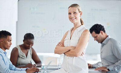 Buy stock photo Manager, leader and proud woman boss with diverse team of executive business men and women. Motivation, vision and portrait of confident professional planning innovation and idea in corporate office
