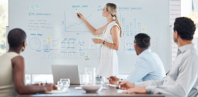 Buy stock photo Whiteboard, finance and presentation with leader woman working on strategy, planning and innovation. Corporate business people with statistics, charts or graphs, data analytics or analysis on board.

