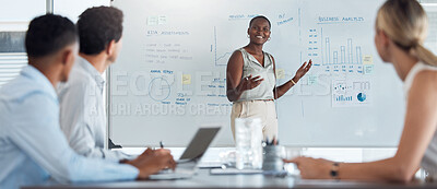 Buy stock photo Black woman leadership, whiteboard business analysis and presentation for meeting, workshop planning and team mentor. Manager talking, training and working vision, strategy idea and finance analytics