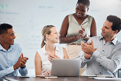 Buy stock photo Business people applause for promotion success, achievement and winner motivation in office meeting. Happy diversity staff, onboarding celebration and support of goal, bonus and team congratulations