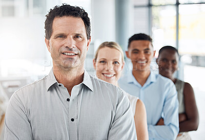Buy stock photo Portrait of a corporate manager and his team in a modern office after project planning or a meeting. Business ceo or leader  with his happy, young and professional staff employees at his company
