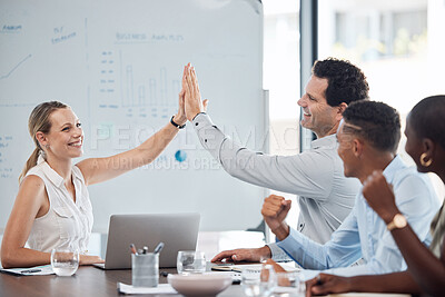 Buy stock photo Business people meeting with high five for success, teamwork and goal achievement or target in finance. Motivation, support or winning hands of accountant teamwork group happy with company profit