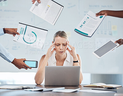 Buy stock photo Business woman stress, anxiety and mental health burnout in busy, challenge crisis and frustrated office workplace. Worker headache, poor time management and tired from job pain problem and tax audit