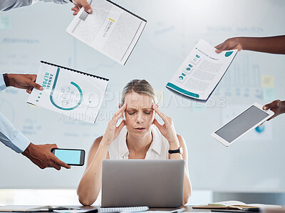 Buy stock photo Stress, anxiety and business woman working under pressure with mental health burnout in busy, task crisis and frustrated office. Manager with headache and poor time management during tax audit report